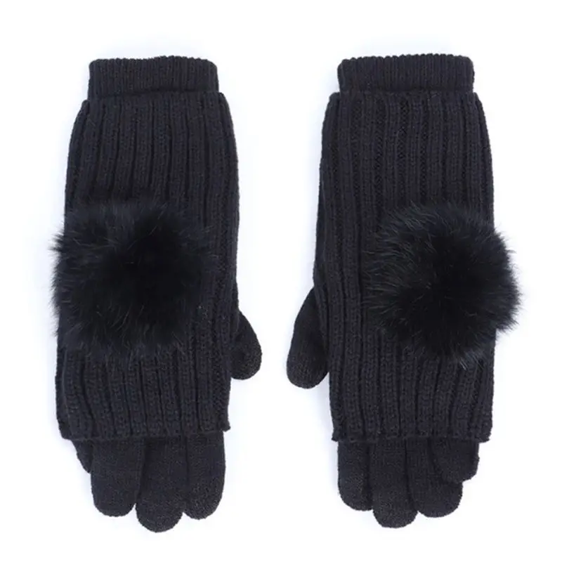 Женские 2в1 зимние теплые вязаные перчатки без пальцев с помпоном 517D