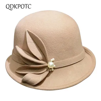 

QDKPOTC 2019 New Autumn Winter High Quality Female Flower Fedoras Wool Felt Women Hats Fashion Bucket Fedora Hat Cap