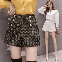 Реальные фотографии Осень Зима Твид плед двубортные имперские шорты для девочек широкий, брючный шорты для женщин