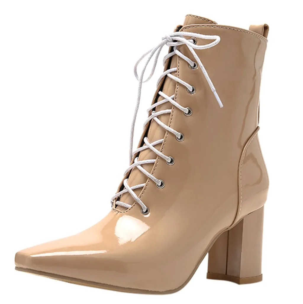 Женские ботинки на молнии на квадратном каблуке в европейском стиле однотонные короткие ботинки на шнуровке с острым носком; пикантная женская обувь до середины икры