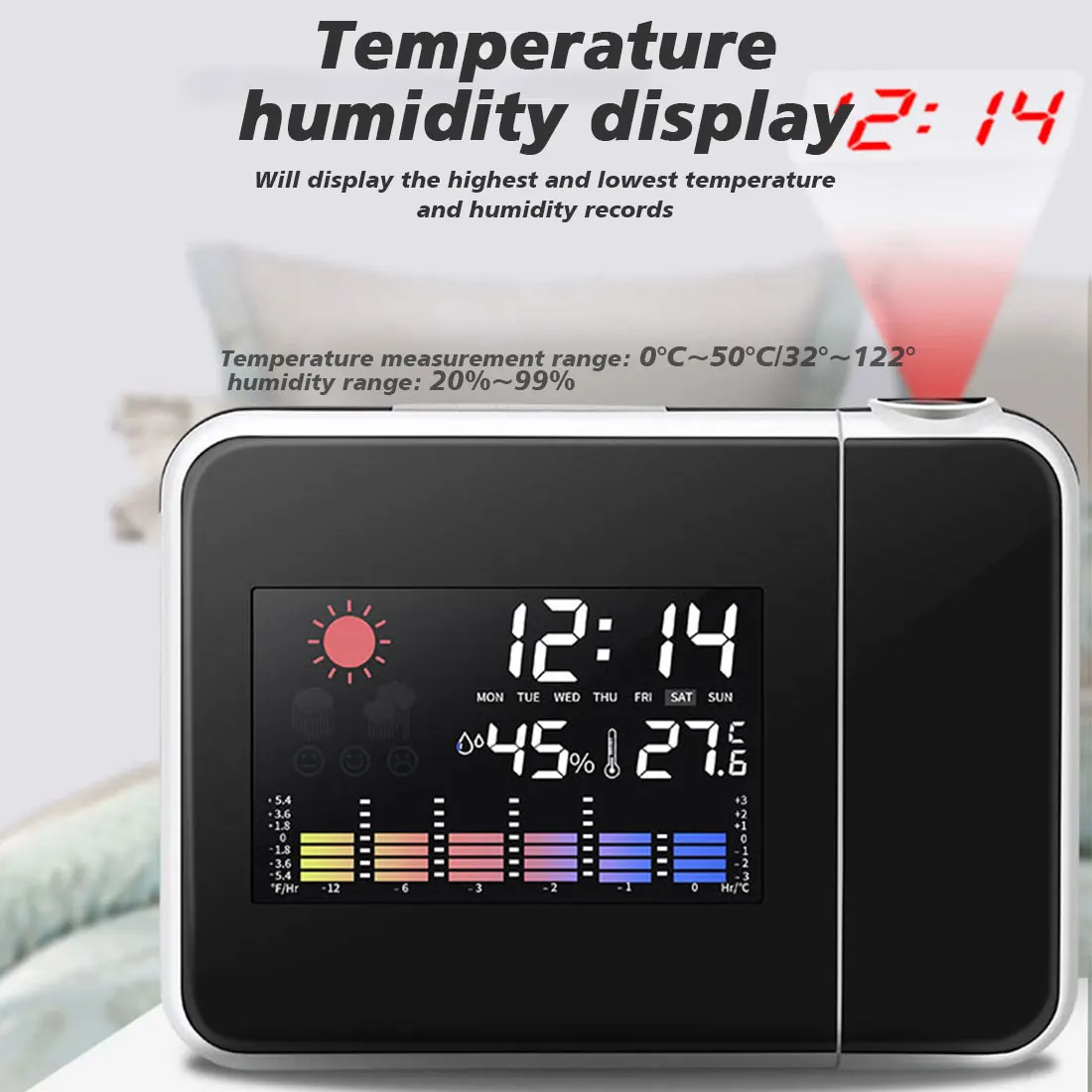 DEL Projection Numérique Alarme Horloge Temps Snooze Météo Thermomètre à affichage LCD 