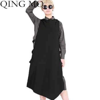 

QING MO Plus Size Women Shirt 2020 Autumn Irregular Shirt Two-Piece Set Hit Color Mid-length Shirt Personality Casual LHXX68