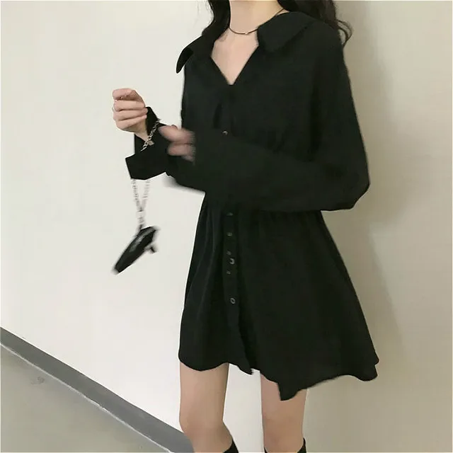 Dress Women Pure Turn-down Collar Button Long Sleeve Collect Waist Elegant Fashion Black Clothing Fall 2020 Hepburn Vestido Chic 2