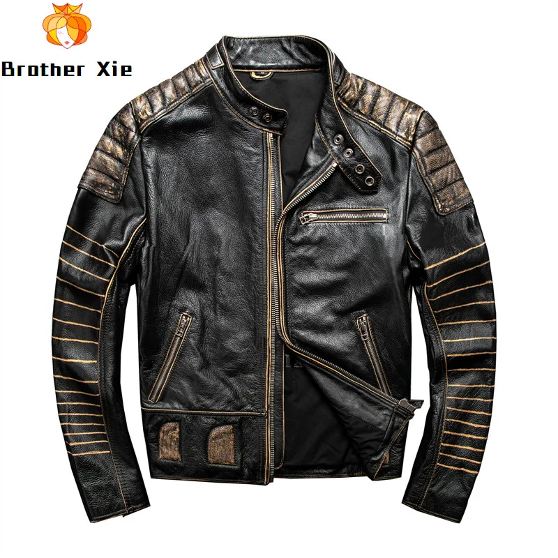

Mens 100% Cowhide Genuine Leather Jacket High quality old retro motorcycle leather jacket