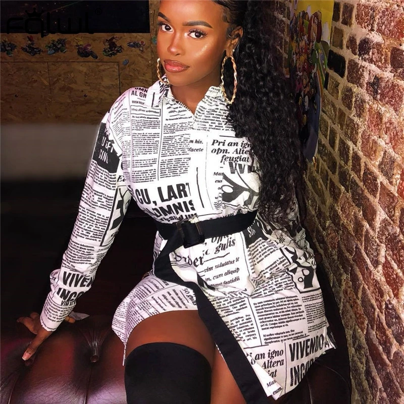 

FQLWL Newspaper Letter Printed Long Blouse Shirt Women Tops Long Sleeve Loose Blouse Female Blusas Autumn Sexy Club Ladies Shirt
