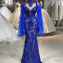 

Women's Long Lace Formal Evening Dress High Collar Full Feathers Sleeves Wedding Party Gown Beaded Appliques Mermaid Female Robe