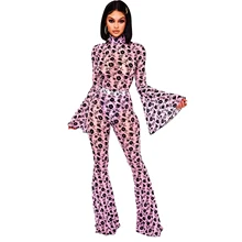 New Mesh Floral Spliced 2 Piece Matching Set Women Turtleneck Flare Sleeve Bodysuit And Bell Bottom Pant See Through Outfit