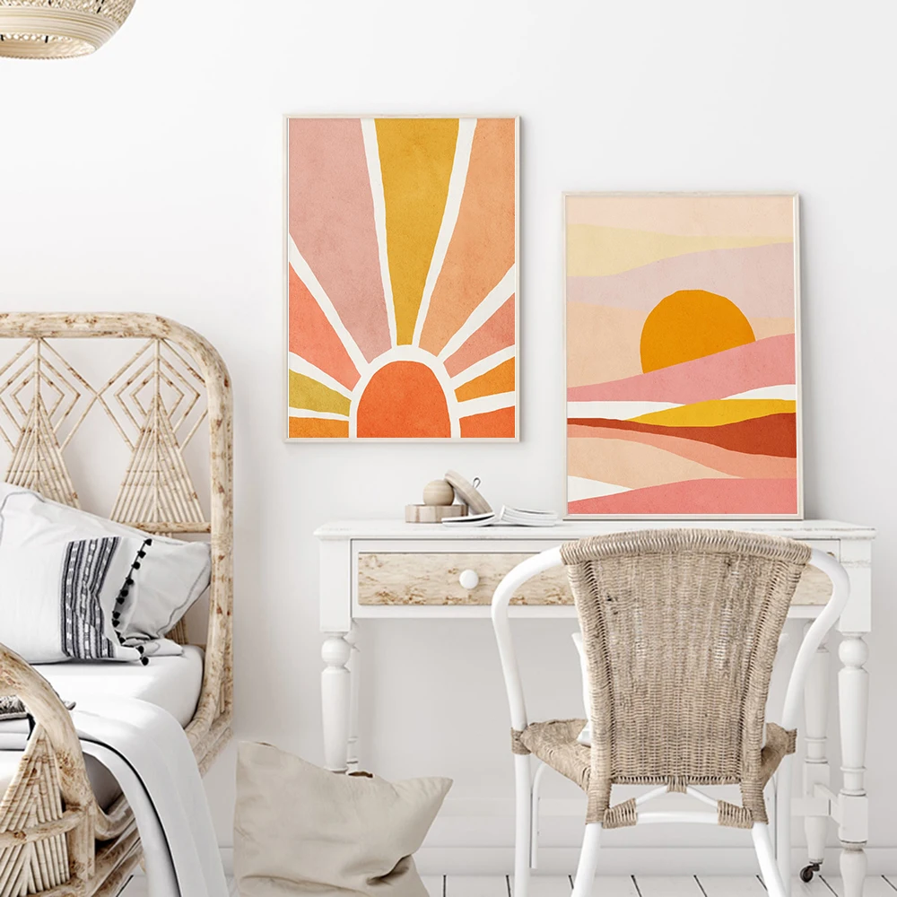 White-Wall-Decor-Art-Prints-Abstract-Landscape-Poster-Sunset-Art-Pictures-Horizon-Sun-Canvas-Paintings-For