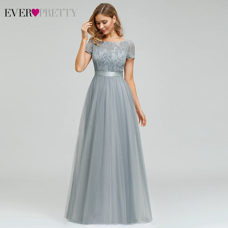 

Elegant Lace Prom Dresses Long Ever Pretty A-Line O-Neck Short Sleeve See-Through Grey Formal Party Gowns Vestidos De Gala 2019