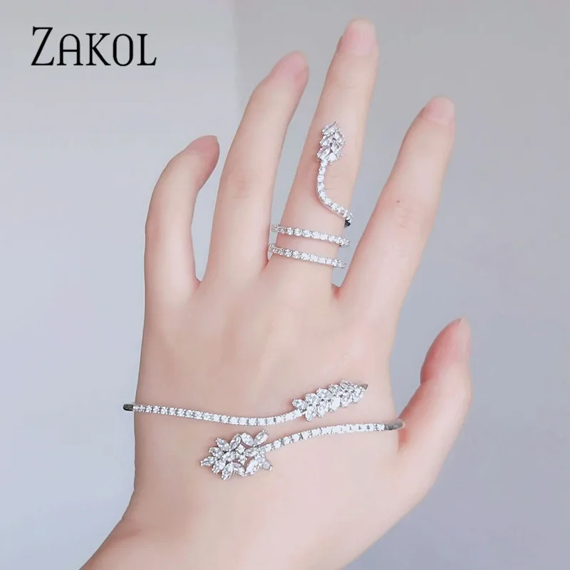 ZAKOL модный кубический цирконий маркиза резные цветы простое кольцо браслет с