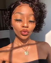Pelucas de encaje frontal de corte pixie Bob, 150, 180, 250%, rizado, cabello humano con cierre de encaje Remy prearrancado