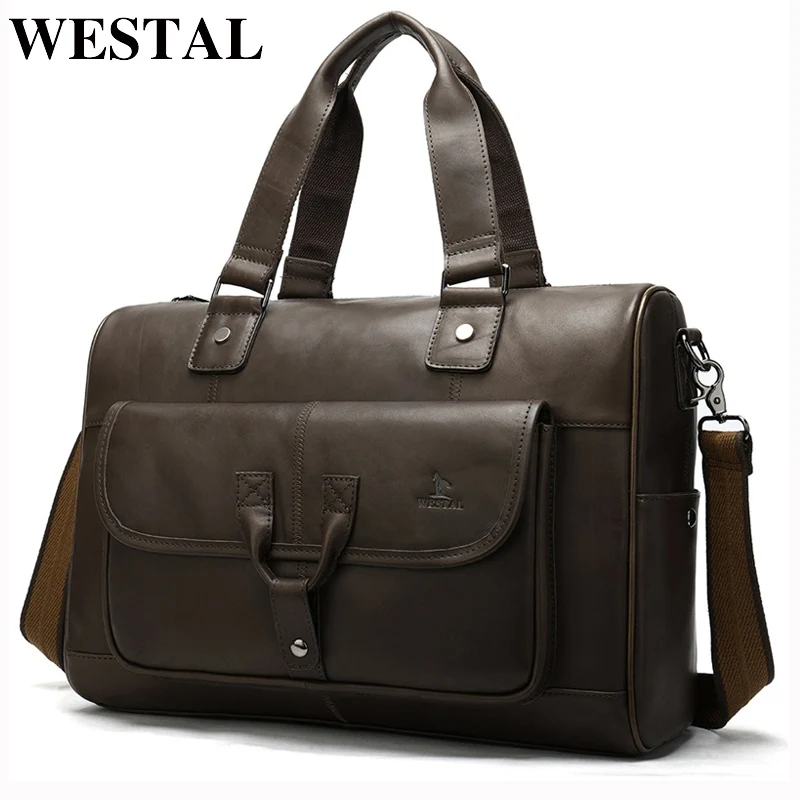 WESTAL briefcase men's genuine leather bag office bags for men porte document leather laptop bag men's business document for men