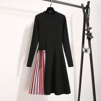 

Pleated Striped Patchwork Drawstring Knit Sweater Dress Long Sleeve Slim High Waist Midi Elegant Autumn Spring Casual Dresses