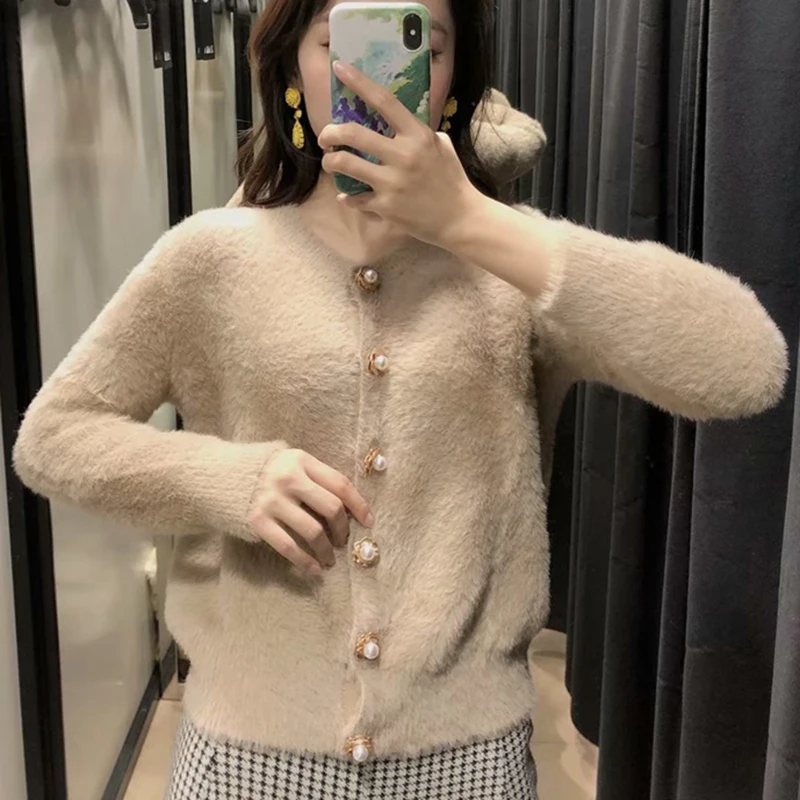 

Autumn And Winter Korea Dnitted Sweater Women Cardigans Mohair Thicken Sweater Jacket Long Sleeve Single Button Jumper