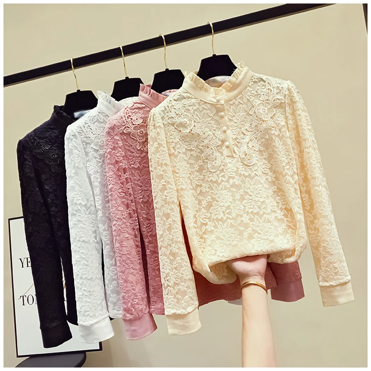 Plus Velvet Cotton Lace Shirt Women's Long Sleeve Autumn Winter All-match Shirt Tops Temperament Interior Jacket Girls Ladies