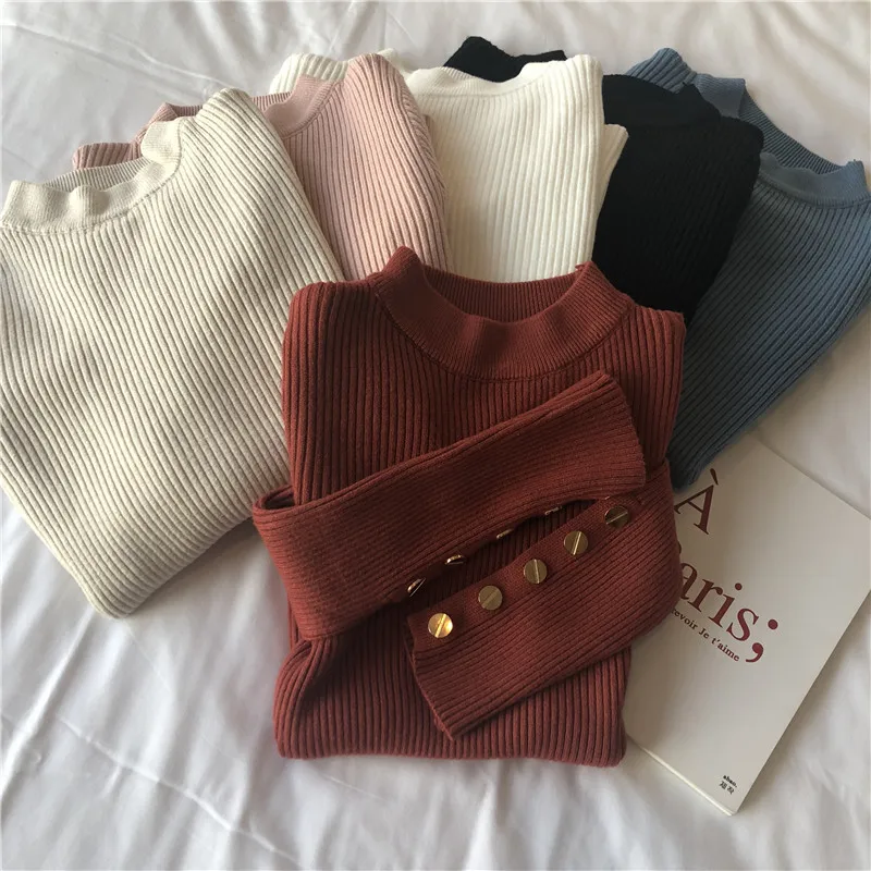 Elastic Tight Winter Sweater Women Wild Self-cultivation Solid Half High Collar Button Knit Sweater Women Pullovers Tops Elastic Tight Winter Sweater Women Wild Self-cultivation Solid Half High Collar Button Knit Sweater Women Pullovers Tops