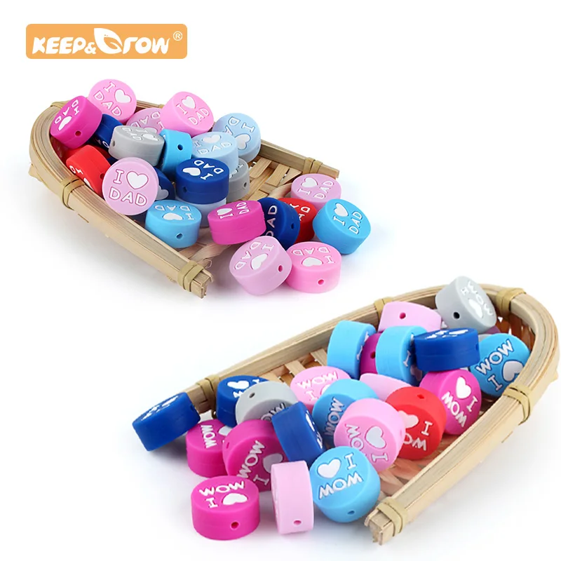 

Keep&Grow 10pcs Round Silicone Beads I love Mom Dad Rodent Teething Necklace Beads DIY Perle Slicone Dentition Kralen Toys