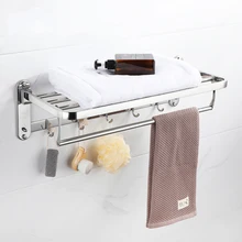 304 Stainless Steel Towel Rack Double Shower Rack Bathroom Accessories Folding Wall Hanging Storage Hook Hanger Silver Shelf