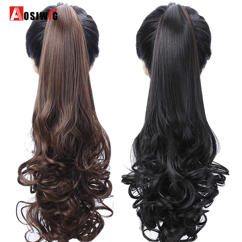 

AOSIWIG 24Inch Women Synthetic Claw on Ponytail Clip in Hair Extensions Wavy Style Black Brown Fake Ponytail Hairpiece