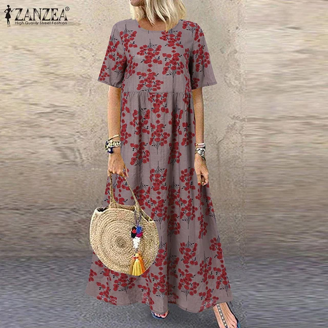 ZANZEA Fashion Summer Maxi Dress Women's Printed Sundress Casual Short Sleeve Vestidos Female High Waist Robe Femme A6 Grey RayonCotton