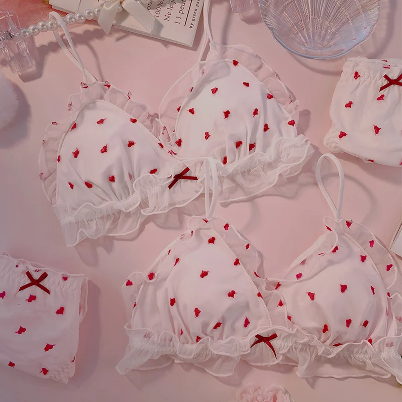 

Love underwear women's suit embroidered mesh sweet student bra set thin Japanese summer bra without steel ring Japanese lingeri