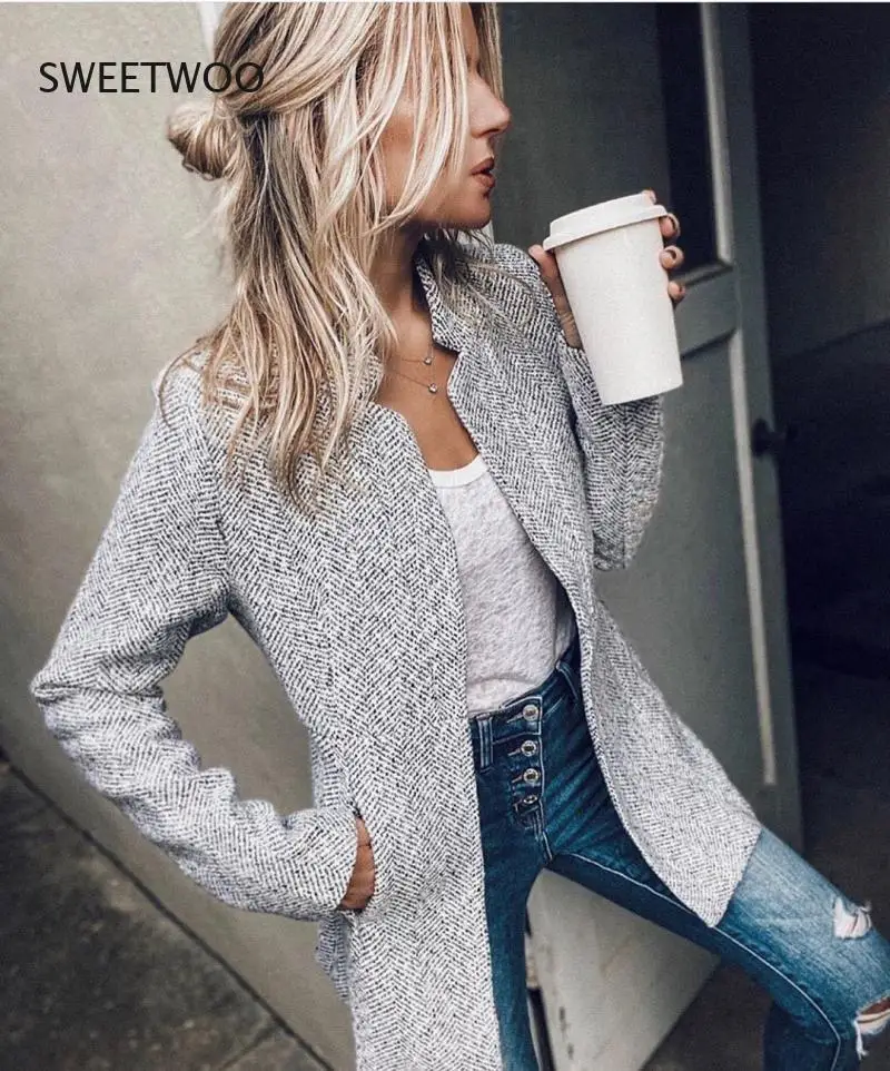 Vintage Women Long Sleeve Gray Blazer Elegant Slim Sport Coat Stand Collar Smart Casual Jacket vans bold ni винтаж спорт белый платье синее vn0a5dyak9t1 bold ni vintage sport white dress blues