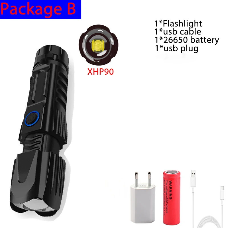 Самый мощный xhp90 светодиодный фонарик умный чип контроль факел xhp70.2 лампа usb Перезаряжаемый использовать 26650 Аккумулятор для кемпинга - Испускаемый цвет: B-XHP90