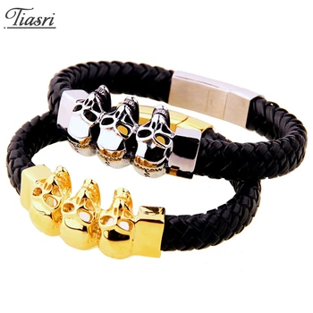 

Tiasri 11mm Leather Woven Textured Man Bracelet High Quality Stainless Steel Skull Design Punk Style Jewelry Accessories Gift