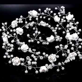 

1M1 Long Flower Pearl Princess Bridal Crown Wedding Women Bridesmaid Headpiece Tiara Hair Vine Accessories Head Forehead Jewelry