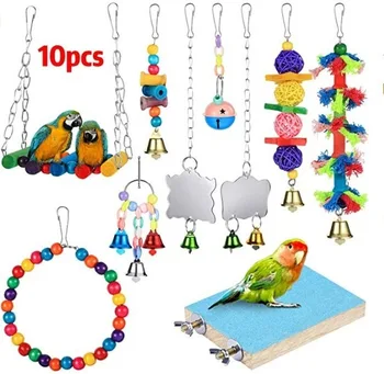 

10 Packs Parrot Toys Bird Swing Chewing Hammock Bell Toys Parrot Cage Toy Bird Perch with Wood Beads Hanging for Small Parakeets