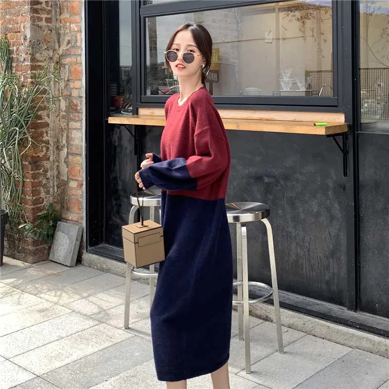 2020 Sweater Dress Women Autumn Winter Fashion One-Piece Long Sleeve Colorblock Dress Korean Lady Plus Size Loose Knitted Dress