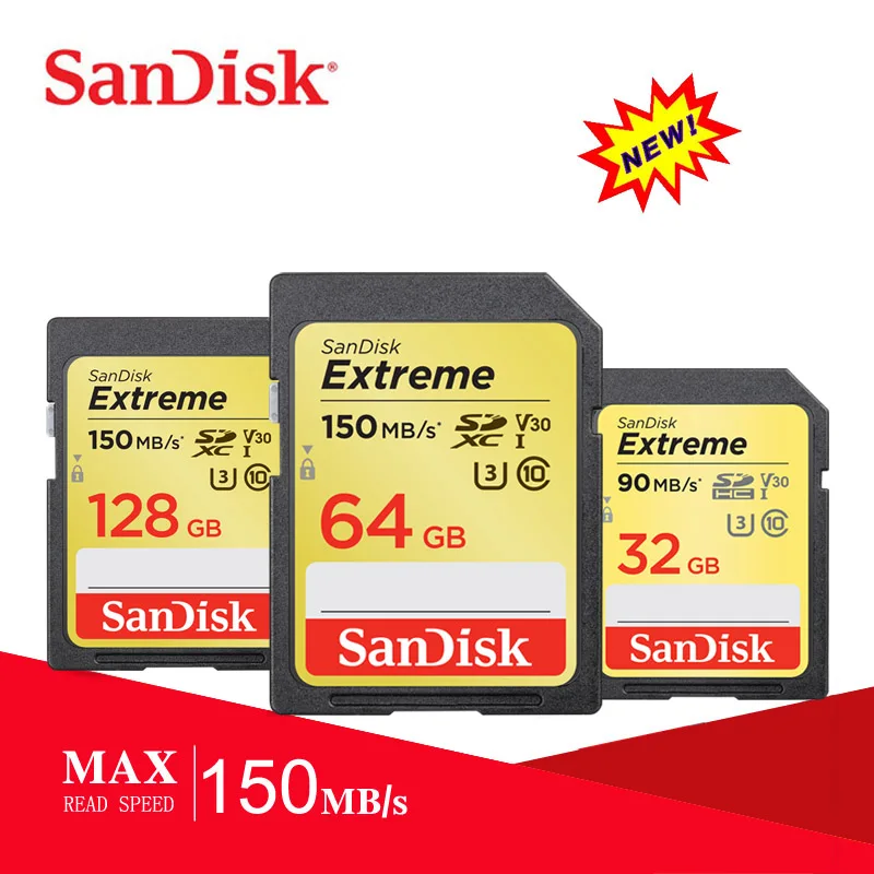 Карта памяти SanDisk Extreme SDHC/SDXC SD карты в формате 4K UHD, 64 ГБ 128 C10 U3 V30 150 МБ/с. UHS-I флеш-карта