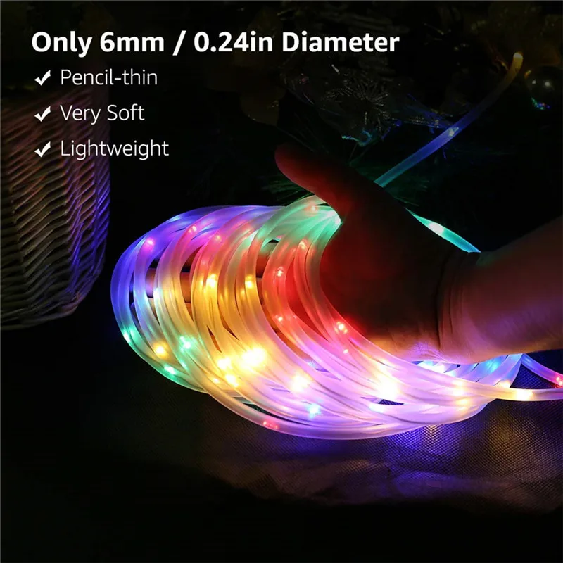 Indoor/Outdoor LED Rope Lights with Timer – 8 Modes, Waterproof, Low Voltage, 10-50M Length