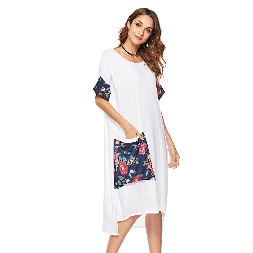 

White Women Dress T Shirt Fashion Short Sleeve Cotton Round Neck Printed Casual Irregular Pocket Holiday Summer Beach Elegant