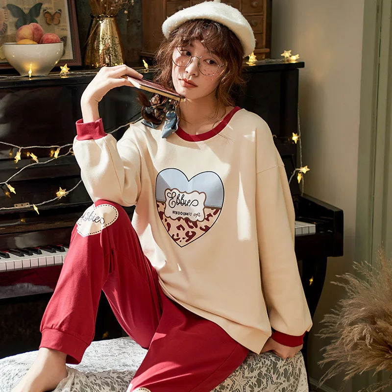 

Pajamas Women's Spring And Autumn 6535 Knitted Cotton Long Sleeve Trousers Crew Neck Women's Japanese Korean Nursing Home Wear T