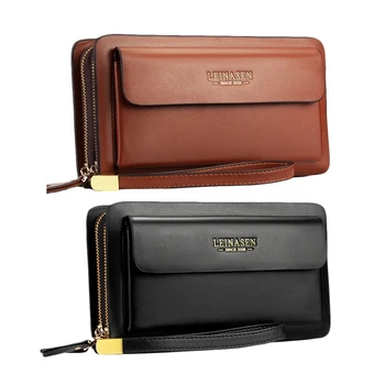 

2x Leinasen Brand Men Wallets with Coin Pocket Zipper Double Zipper Male Wallet Long Large (Brown&Black)