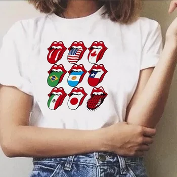 

The Rolling Stones T Shirt For Women Red Lips Printed 2020 Summer Graphic Tee Streetwear Punk Vintage 70'S Casual White Tee