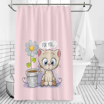 

Pink Polyester Bathroom Curtains Waterproof Bath Curtain Cute Cat Animals Pattern Shower Curatins rideaux de douche T302