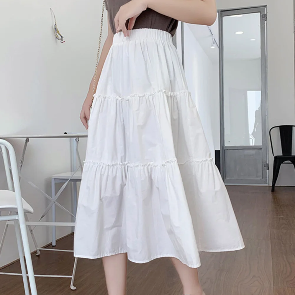 

Summer A-Line White Midi Skirt Casual Solid Color Preppy Style Fashion Japanese Style Women High Waist Black Blue Skirts 2020