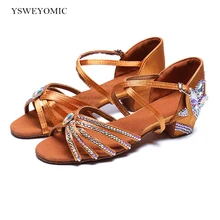 Women Satin Dance Shoes Flower Rhinestone On Low Heel 3.5cm For Practise Competition Girls Salsa Latin Dance Shoes With Diamond