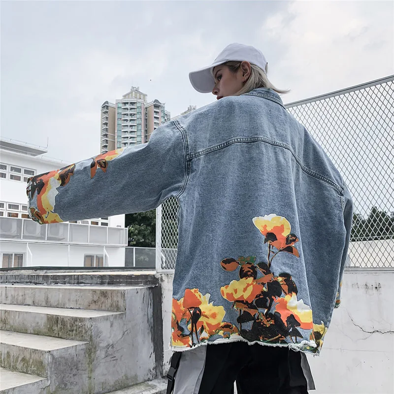 UNCLEDONJM джинсовые куртки с цветочным принтом для мужчин s High Street Distressed джинсовая куртка пальто мужские и женские хип хоп Уличная#1992