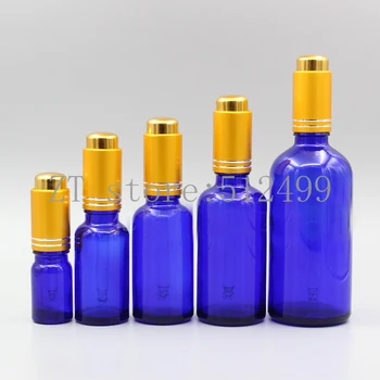 

2/10pcs 5ml 10ml 15ml 20ml 30ml 50ml 100ml Empty Blue Essential Oil Bottle With Matt Gold Press Dropper Cover DIY Sub-bottling