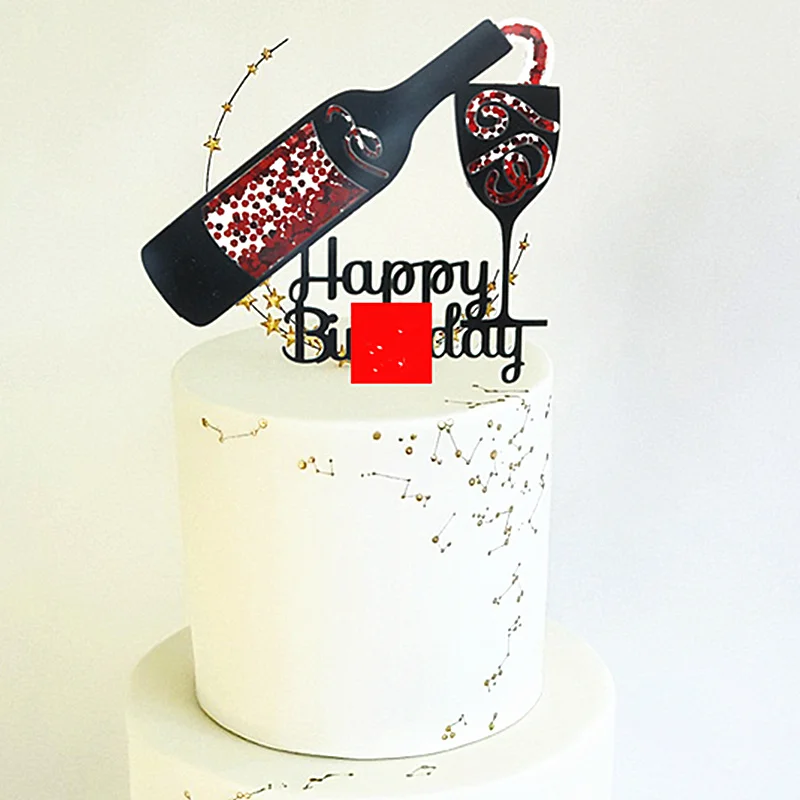 

ins Creative quicksand happy birthday Cake Topper Black wine glass Acrylic Cake Toppers Birthday party Cakes Dessert Decorations