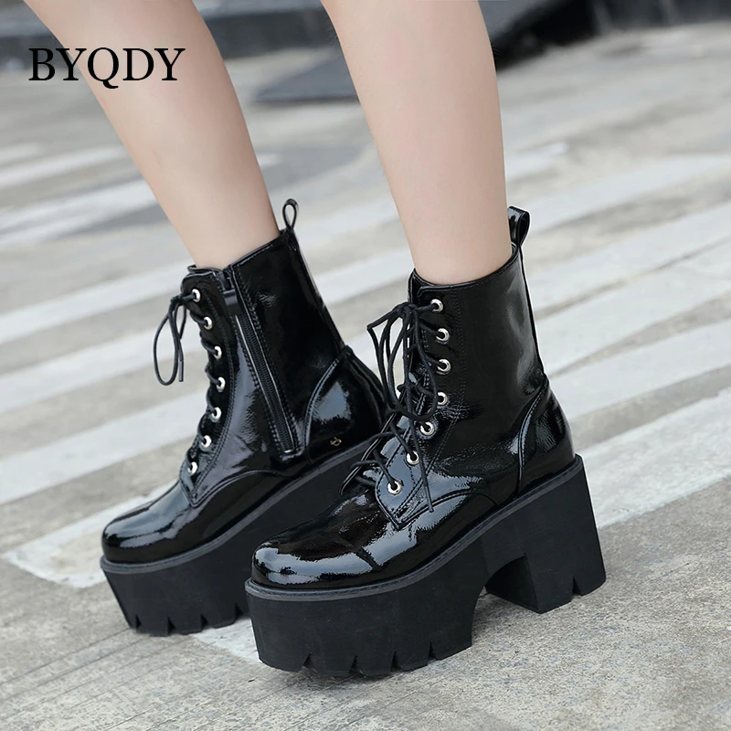 patent leather combat boots with heel