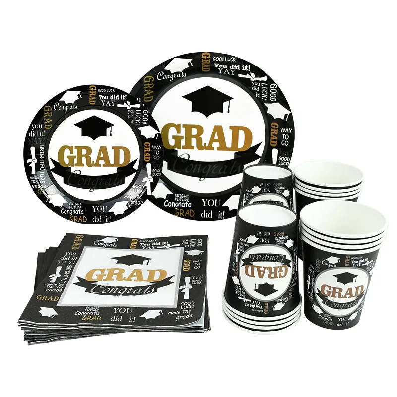 Congratulations Graduation 2021 Disposable Tableware Black Doctor Hat Print Paper Plate Cups Napkins graduation party decoration