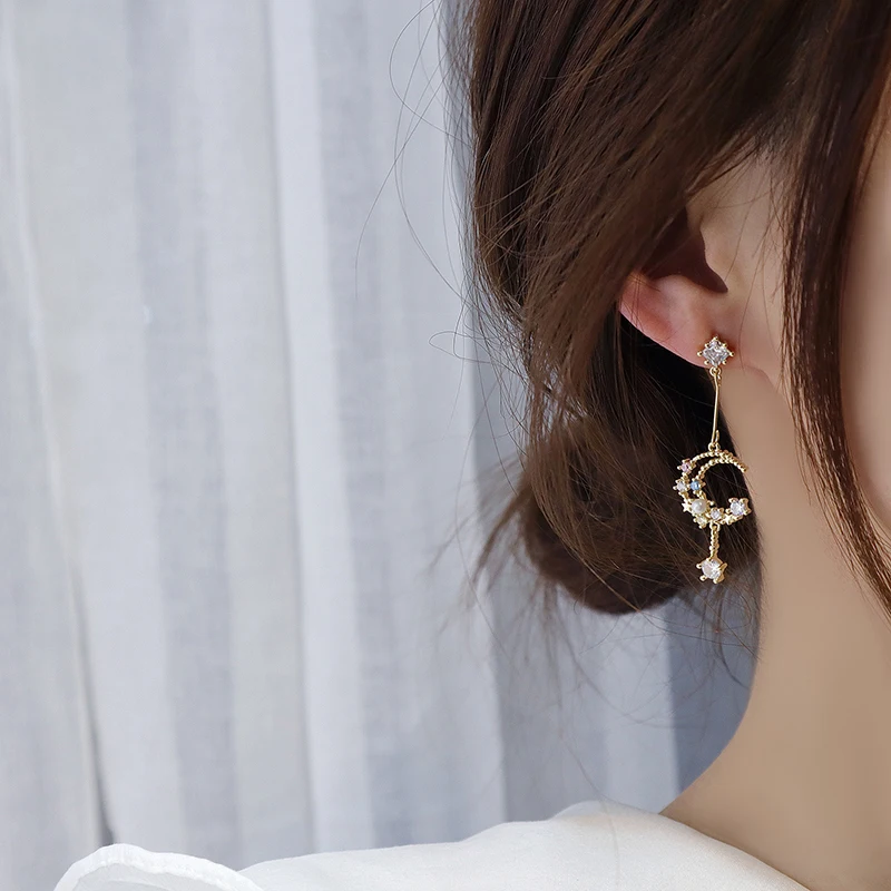 

New Romantic Inlaid Colorful CZ Pearl Moon Women Earring Charm Transparent Zircon Drop Earring Daily Jewelry