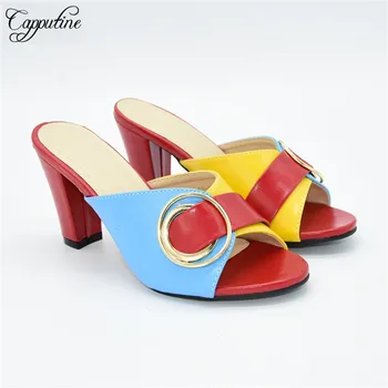 

Most fashion red with blue and yellow high heel slipper shoes for wedding'party 88-30,Heel Height 9.5CM