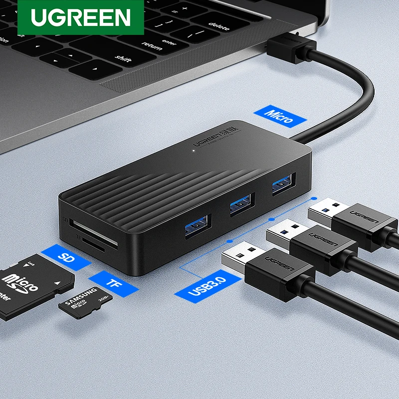 Online HUB USB 5 en 1 Ugreen con lector de tarjetas divisor de HUB USB 3,0 de 3 puertos puerto de alimentación Micro USB para iMac Accesorios para ordenador portátil HUB USB