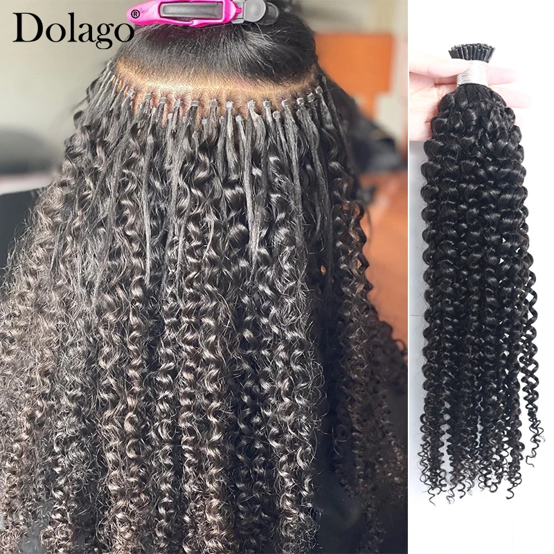 Human-Hair-Extensions Bulk-Hair Microlinks Kinky-Curly-I-Tip Mongolian Black-Color Natural