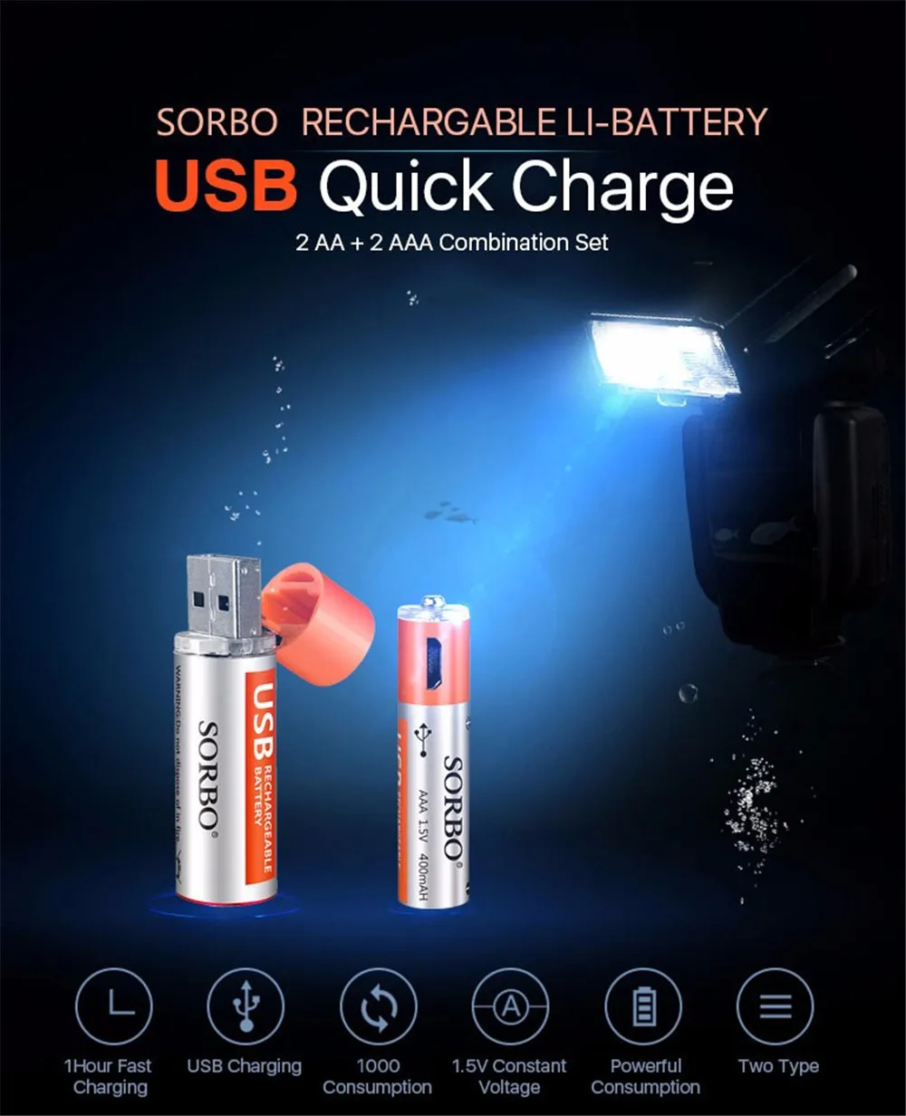 Оригинальная Аккумуляторная Батарея Sorbo USB AAA 1,5 V 400mAh быстрая зарядка Li-po качественная батарея AAA Bateria RoHS CE